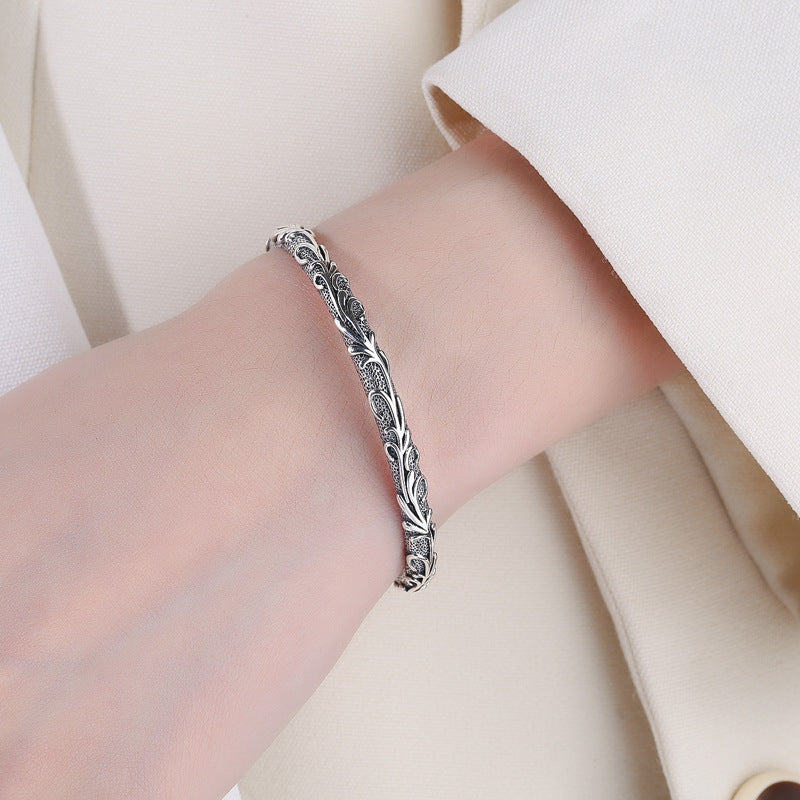 Thin S925 Sterling Silver Floral Bracelet