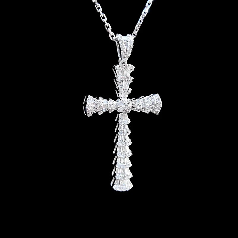 Classic 18K White Gold Natural Diamond Cross Necklace