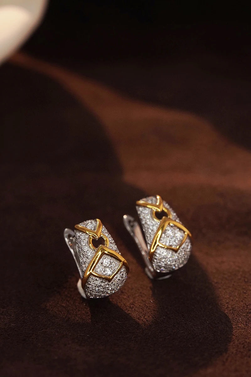 Vintage 18K White & Yellow Gold Natural Diamond Hoop Earrings