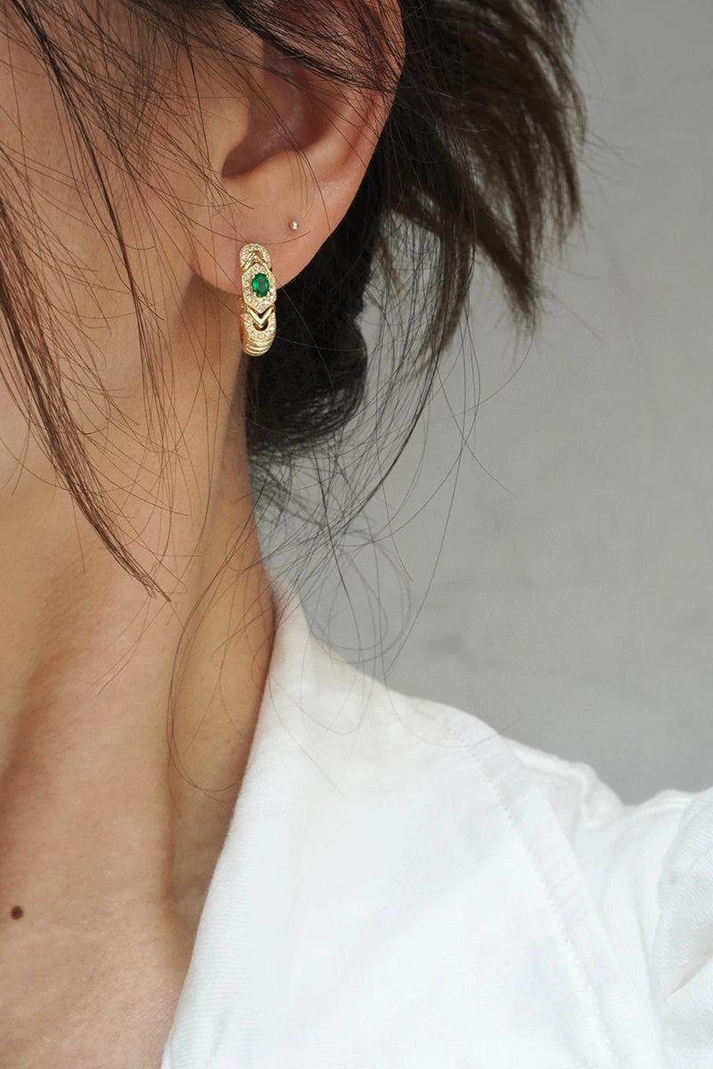 18K Yellow Gold Natural Emerald Hoop Earrings