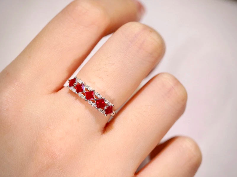 Luxury 18K White Gold Natural Diamond & Ruby Palace Ring