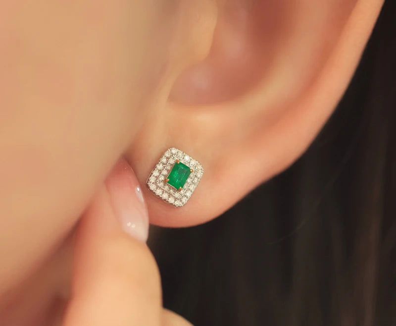 Luxury 18K White Gold Natural Diamond & Emerald Halo Earrings