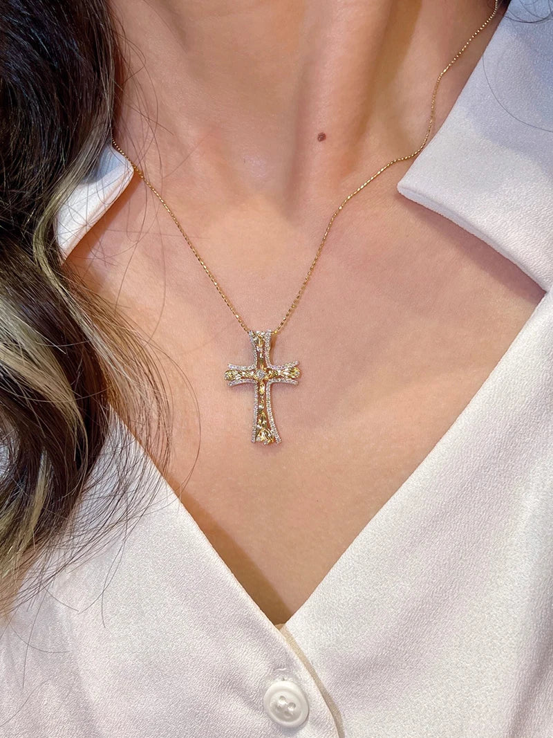 18K White/Yellow Gold Natural Diamond Cross Necklace