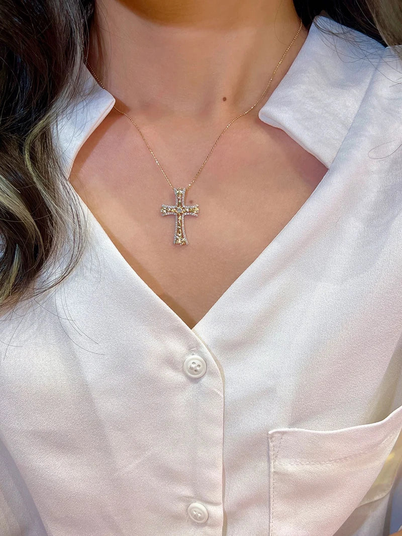 18K White/Yellow Gold Natural Diamond Cross Necklace