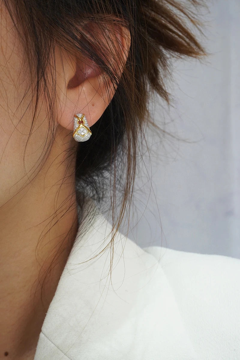 Vintage 18K White & Yellow Gold Natural Diamond Hoop Earrings