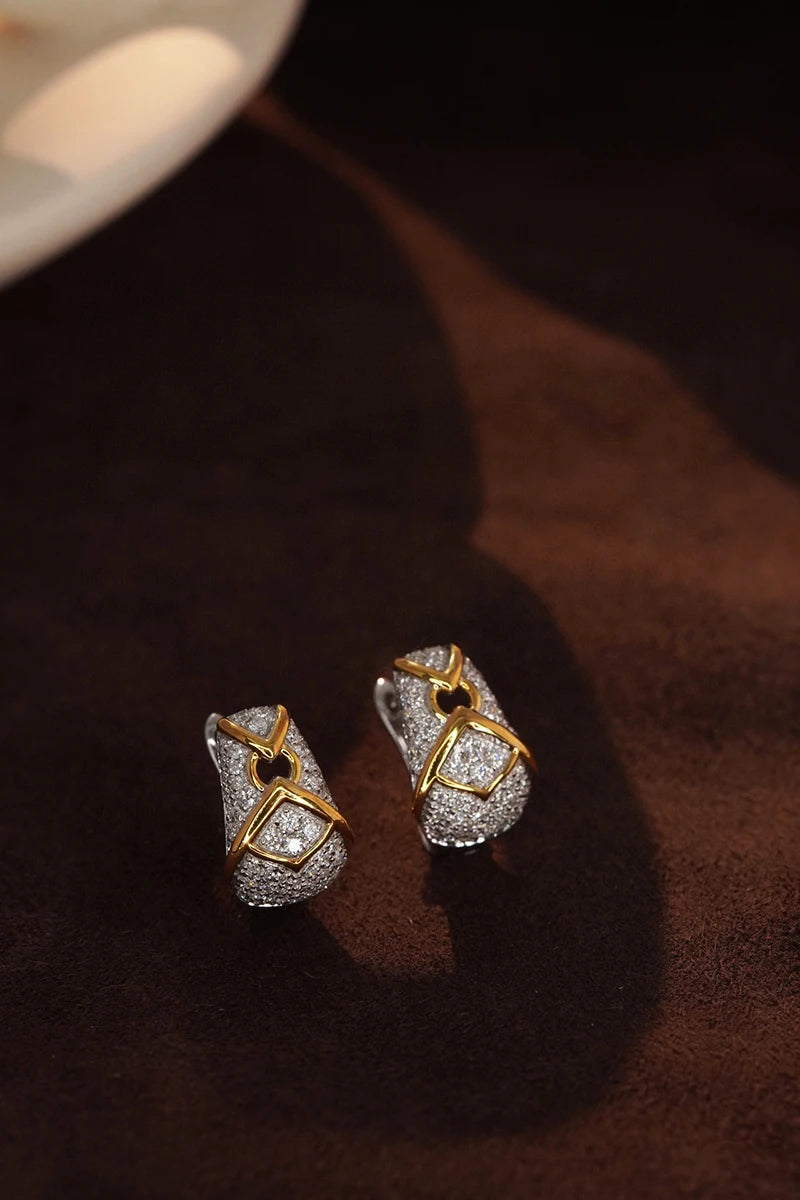 Vintage 18K White & Yellow Gold Natural Diamond Hoop Earrings