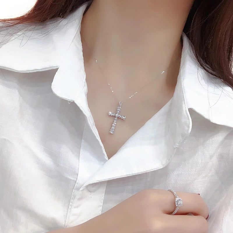 Classic 18K White Gold Natural Diamond Cross Necklace