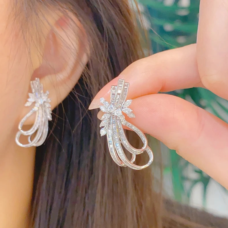 Certified 18K White Gold Natural Diamond Floral Ribbon Earrings