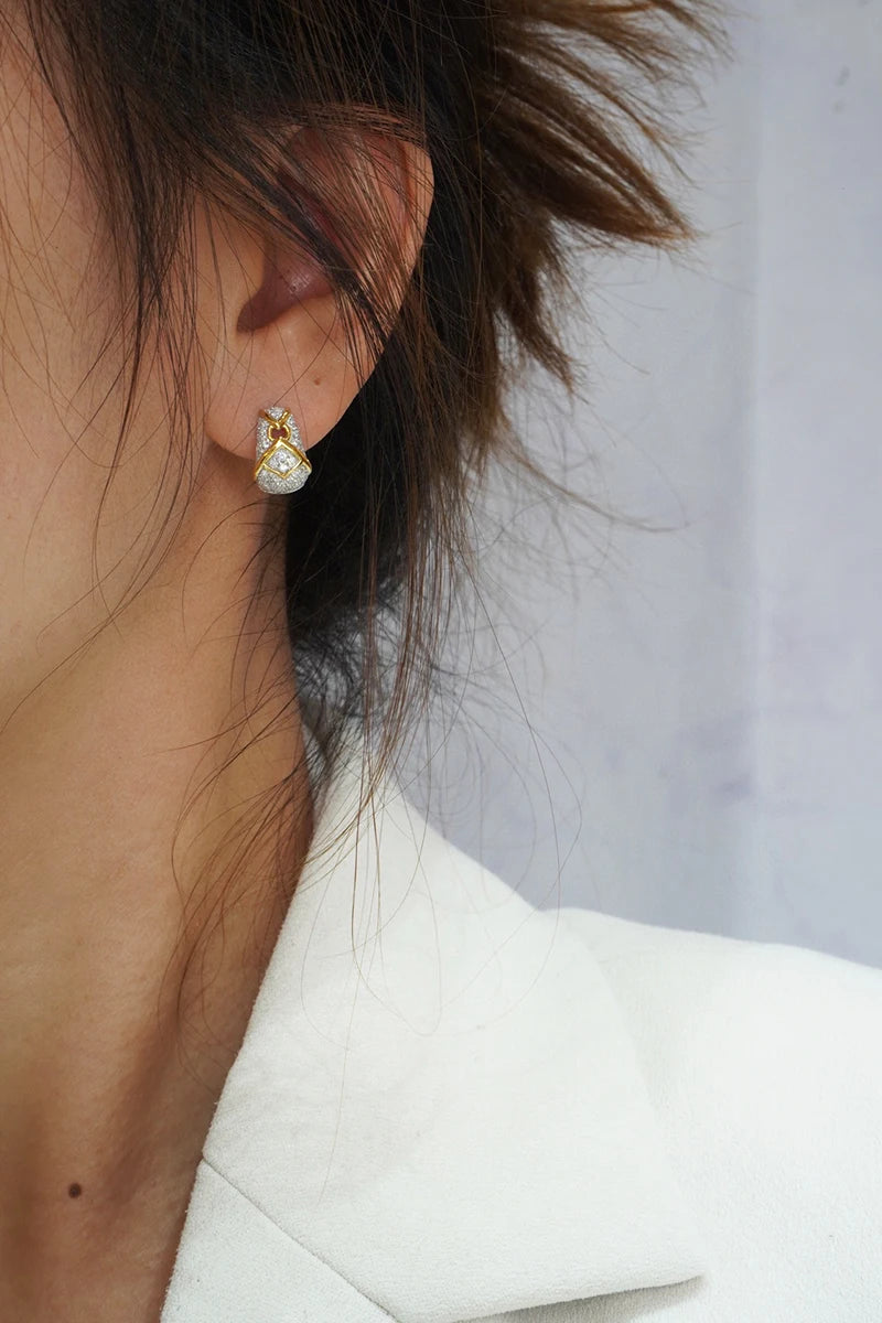 Vintage 18K White & Yellow Gold Natural Diamond Hoop Earrings