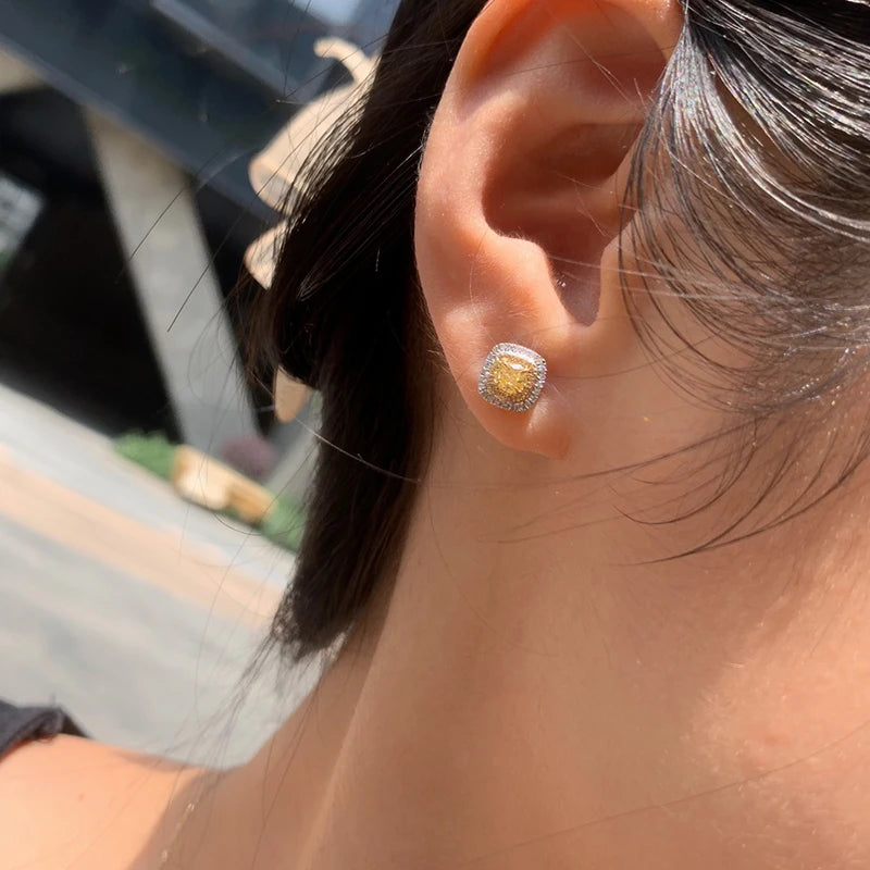 Luxury 18K White Gold Natural Yellow Diamond Halo Earrings