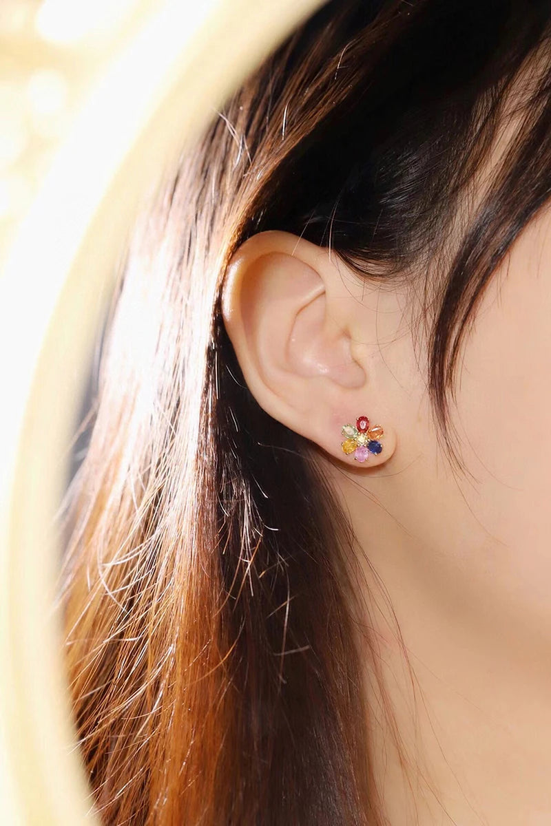 Colorful 18K Yellow Gold Natural Sapphire Flower Earrings