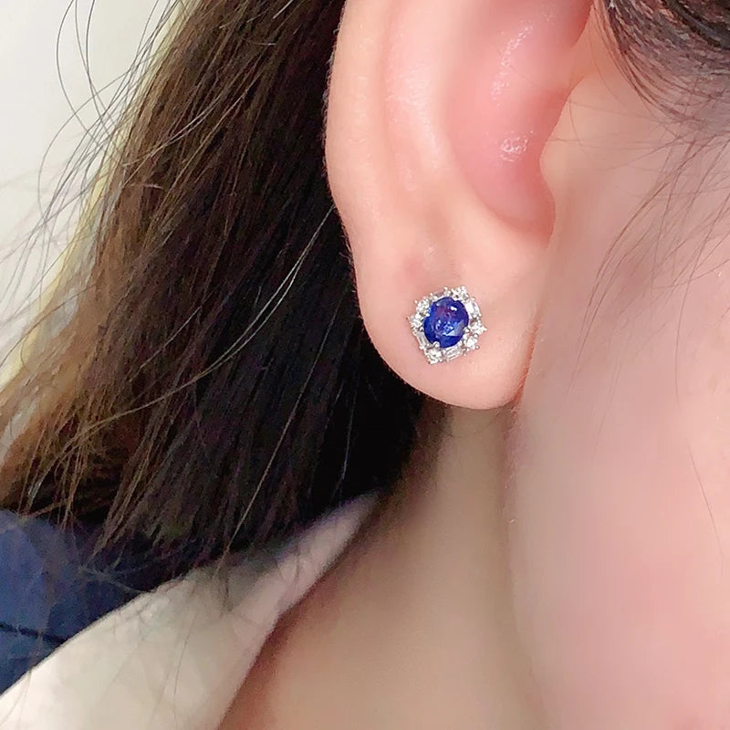 Luxury 18K White Gold Natural Diamond & Blue Sapphire Earrings