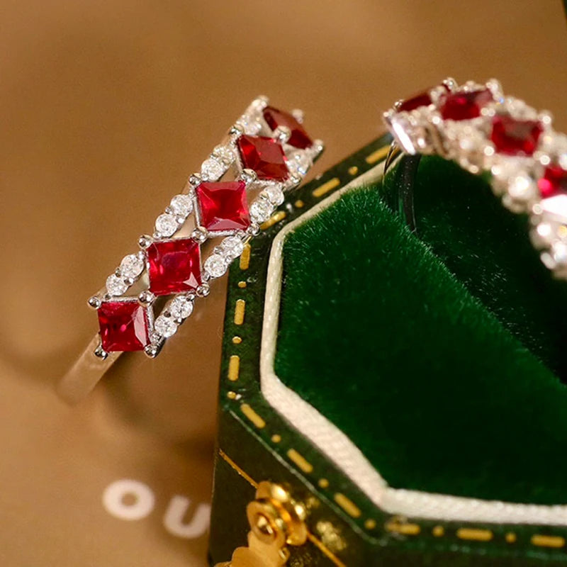 Luxury 18K White Gold Natural Diamond & Ruby Palace Ring