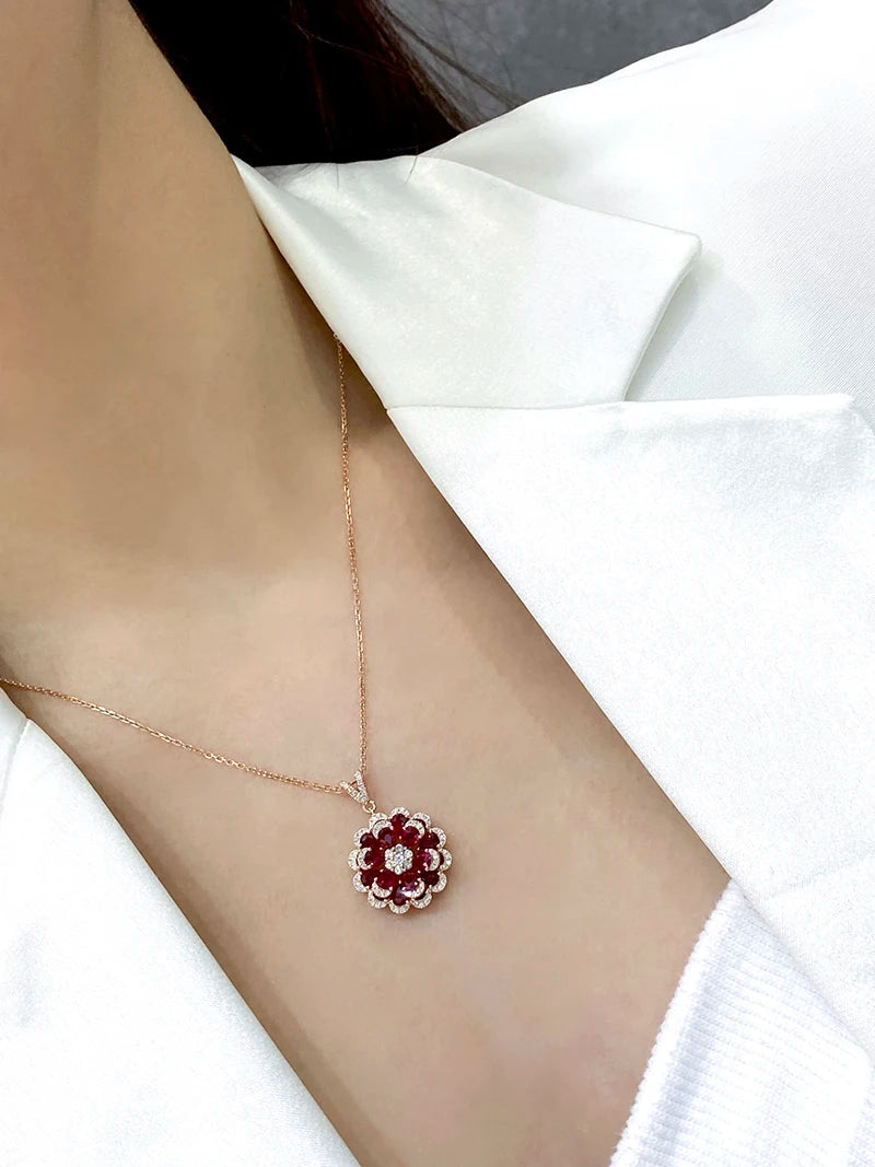 Luxury 18K Rose Gold Natural Diamond & Ruby Necklace