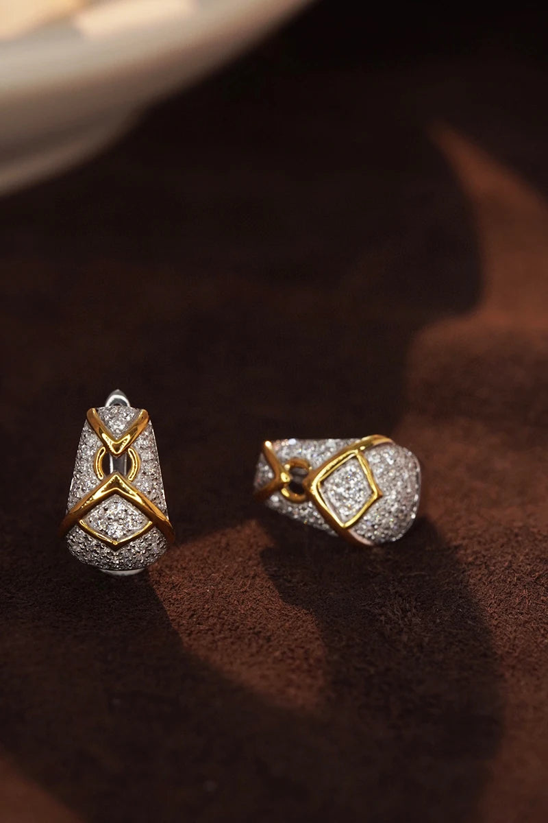 Vintage 18K White & Yellow Gold Natural Diamond Hoop Earrings
