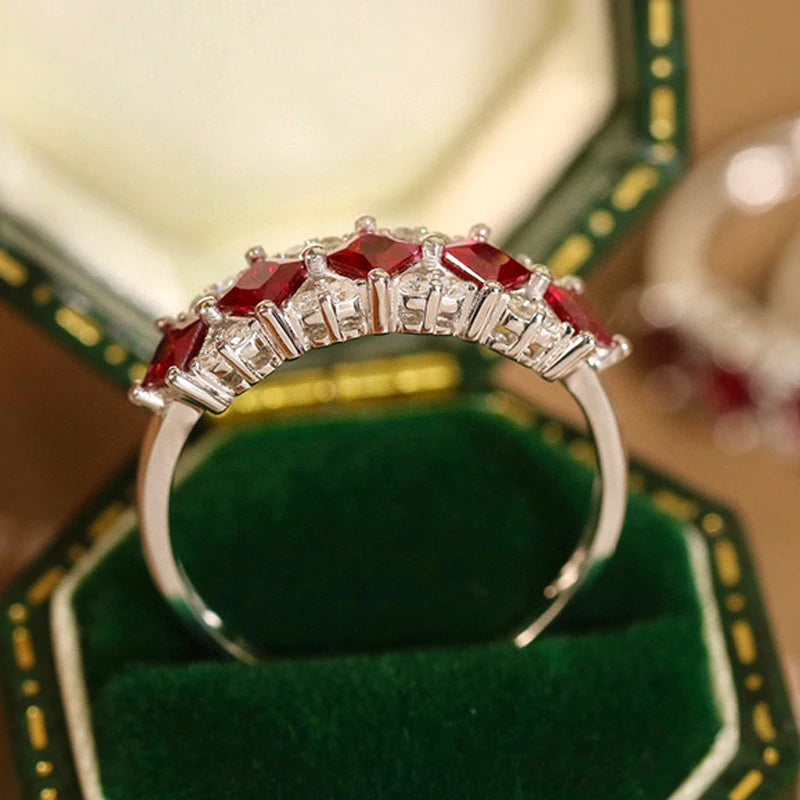 Luxury 18K White Gold Natural Diamond & Ruby Palace Ring
