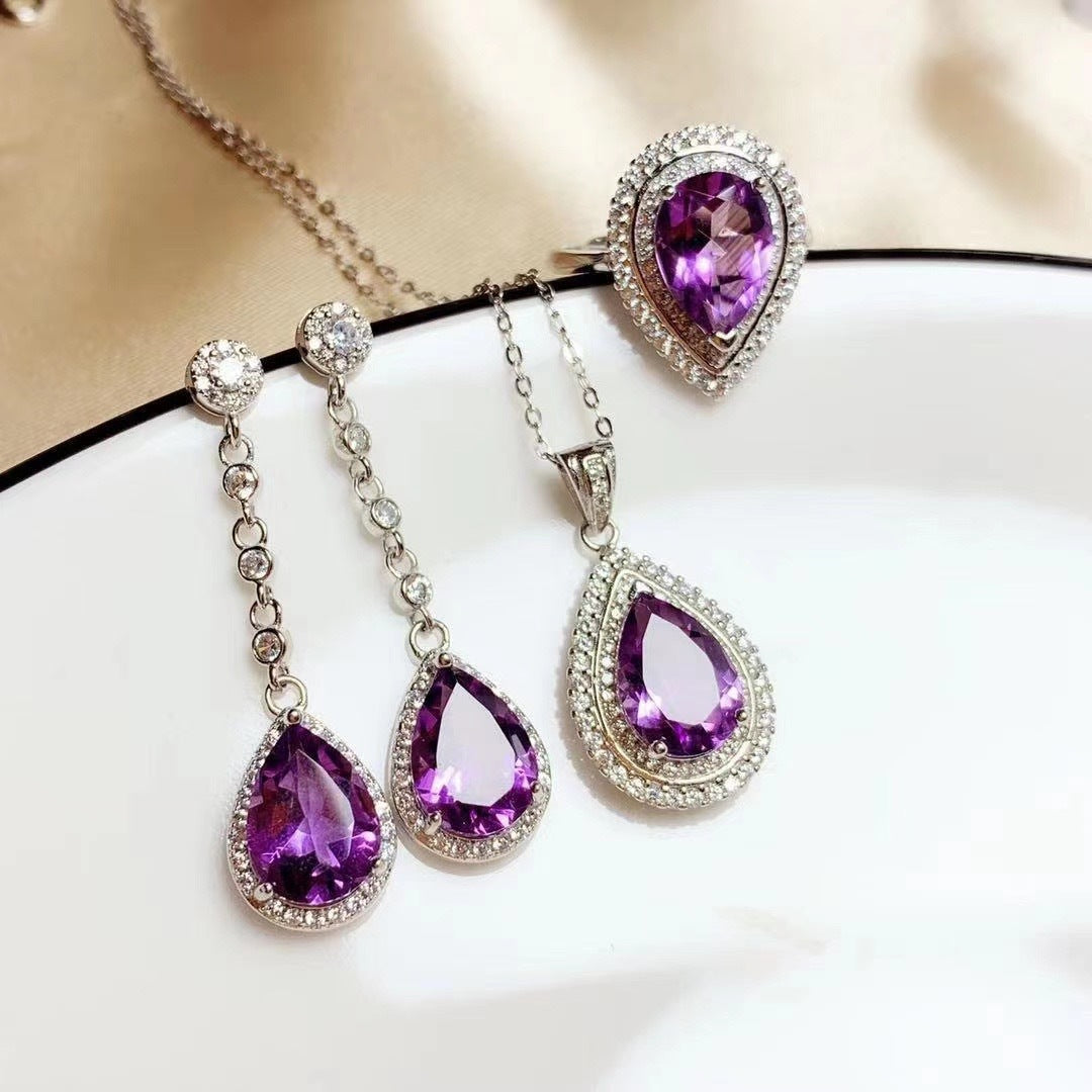 S925 Silver Inlaid Natural Amethyst Set