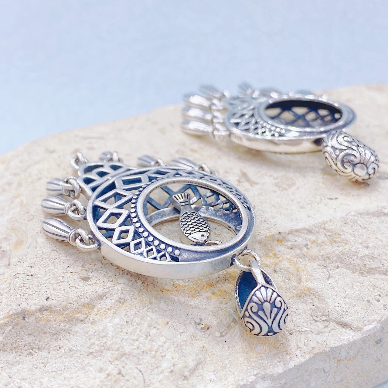 S925 Sterling Silver Taiyin Fish Tassel Necklace & Earrings