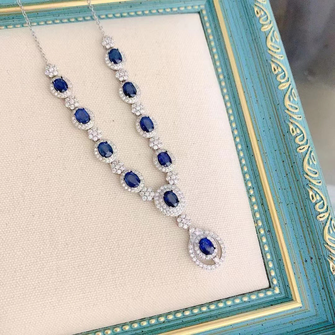 S925 Silver White Gold-Plated Natural Sri Lankan Sapphire Necklace