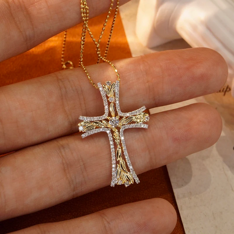 18K White/Yellow Gold Natural Diamond Cross Necklace