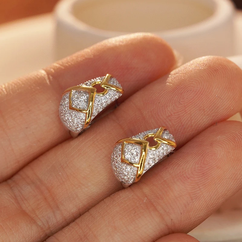 Vintage 18K White & Yellow Gold Natural Diamond Hoop Earrings