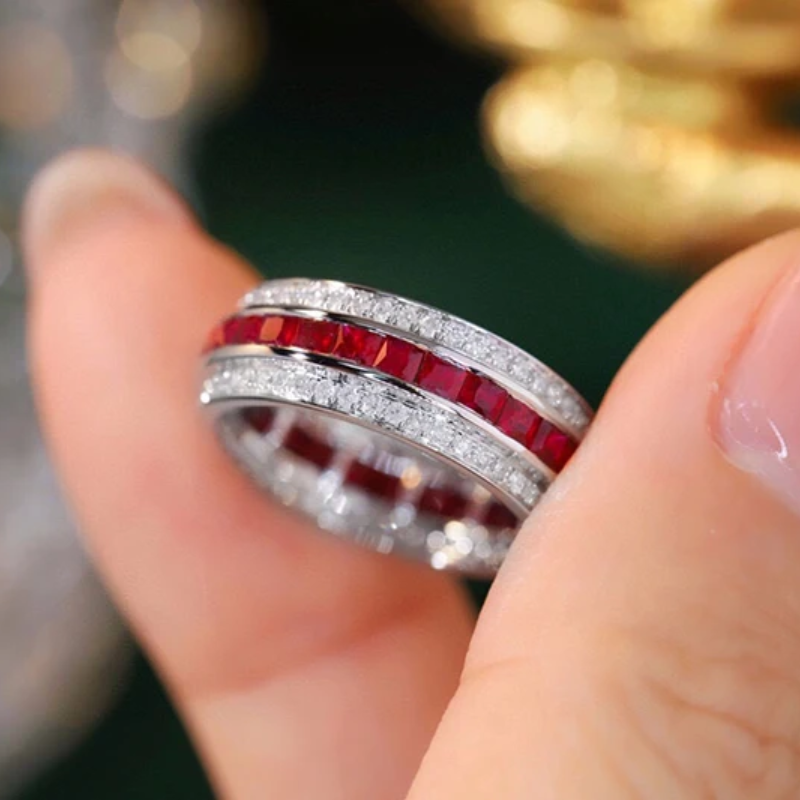 Luxury 18K White Gold Ruby & Natural Diamond Ring