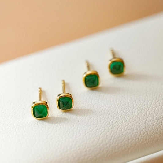 18K Gold Afghan Panjihill Sugar Tower Emerald Stud Earrings