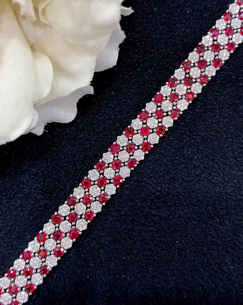 Luxury Honeycomb 18K White Gold Natural Diamond & Ruby Bracelet