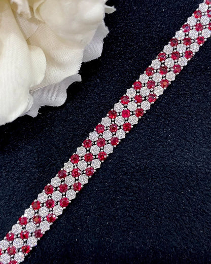 Luxury Honeycomb 18K White Gold Natural Diamond & Ruby Bracelet