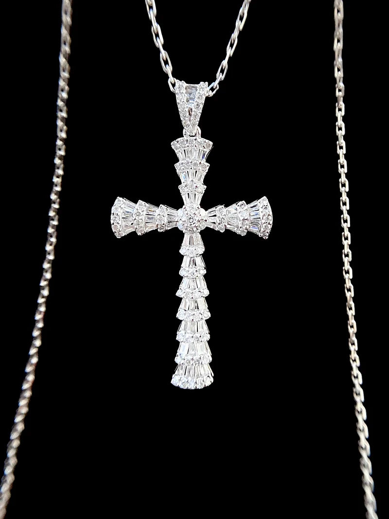 Classic 18K White Gold Natural Diamond Cross Necklace