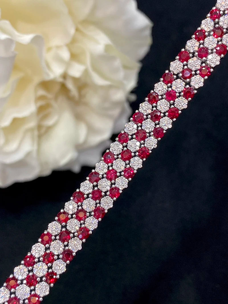 Luxury Honeycomb 18K White Gold Natural Diamond & Ruby Bracelet