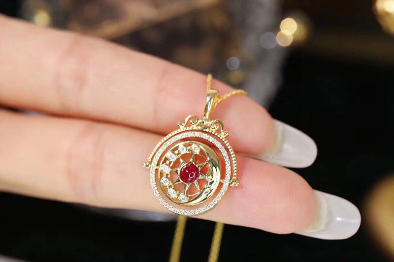 18K Yellow Gold Natural Diamond Sun & Moon Necklace