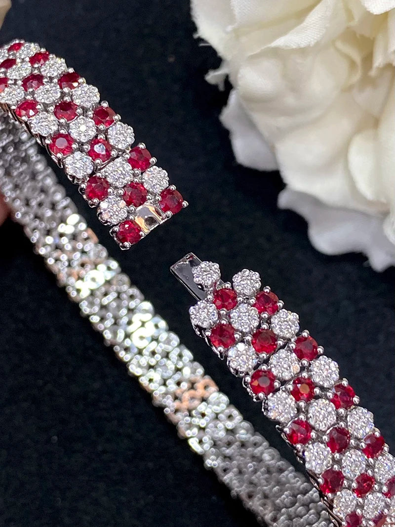 Luxury Honeycomb 18K White Gold Natural Diamond & Ruby Bracelet