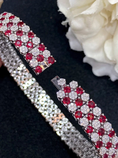 Luxury Honeycomb 18K White Gold Natural Diamond & Ruby Bracelet