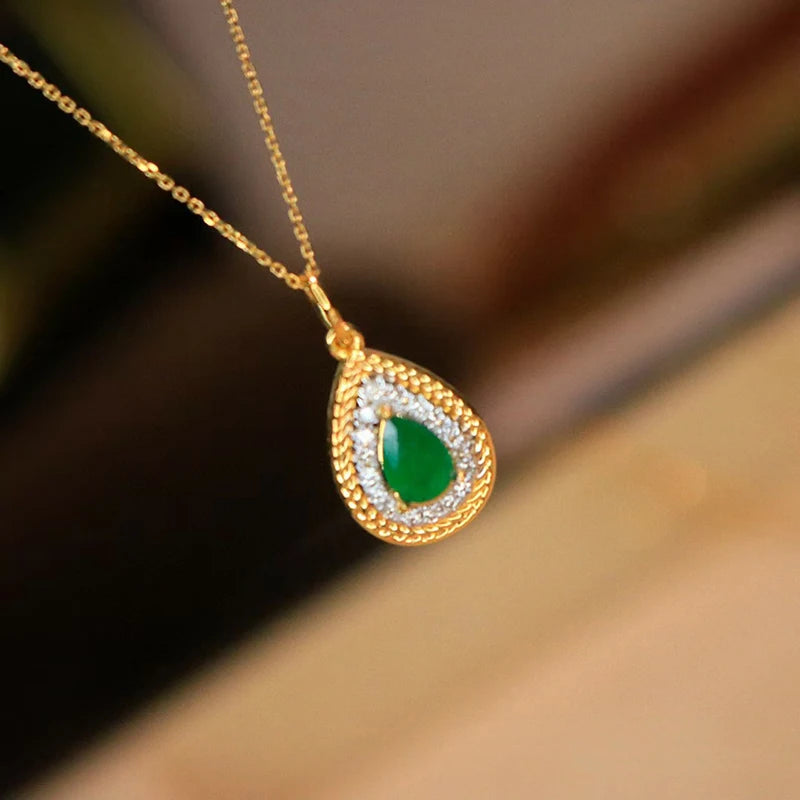 18K Yellow Gold Natural Diamond & Emerald Necklace