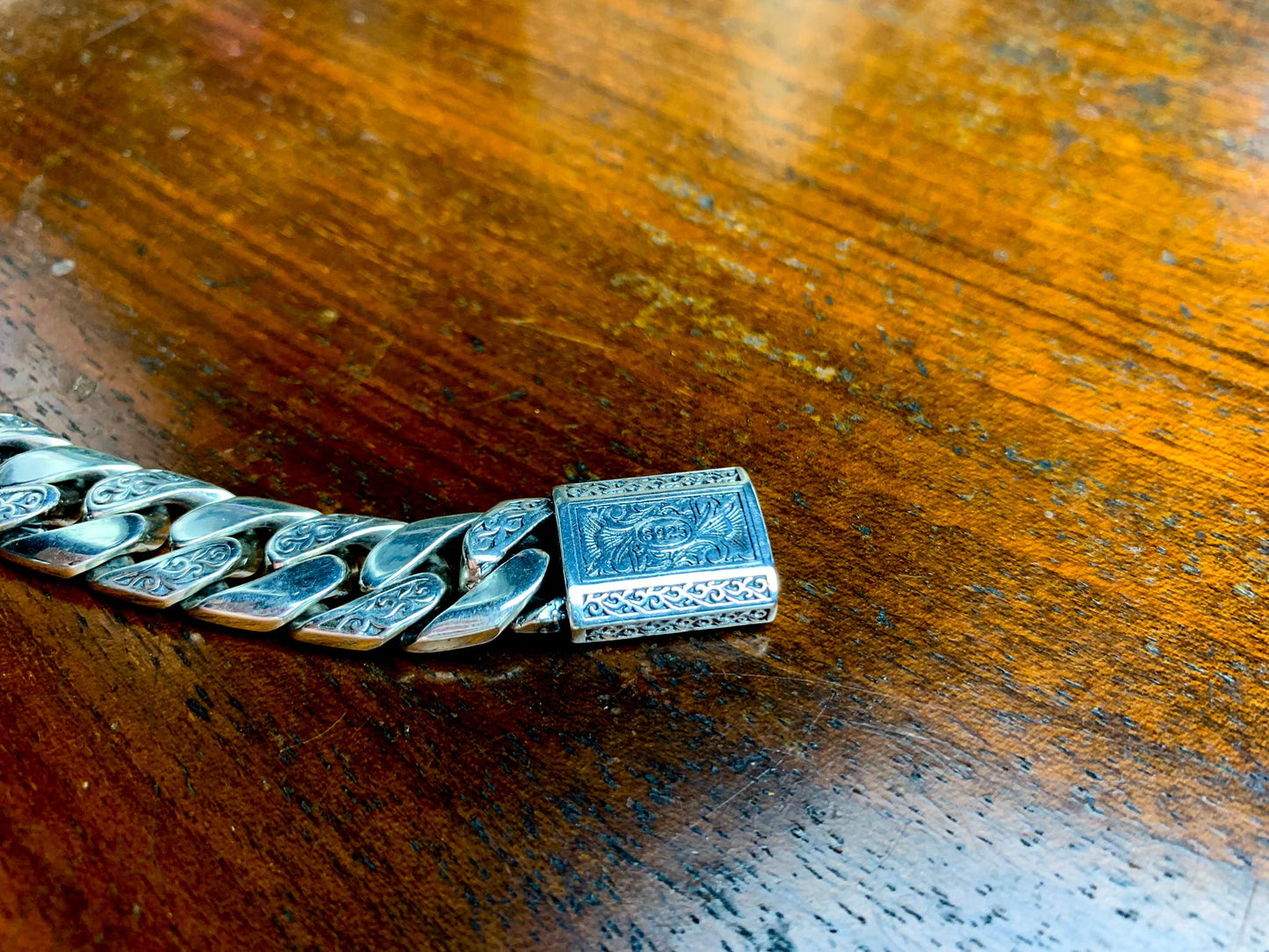 Thick Engraved Cuban Men's 925 Sterling Silver Bracelet