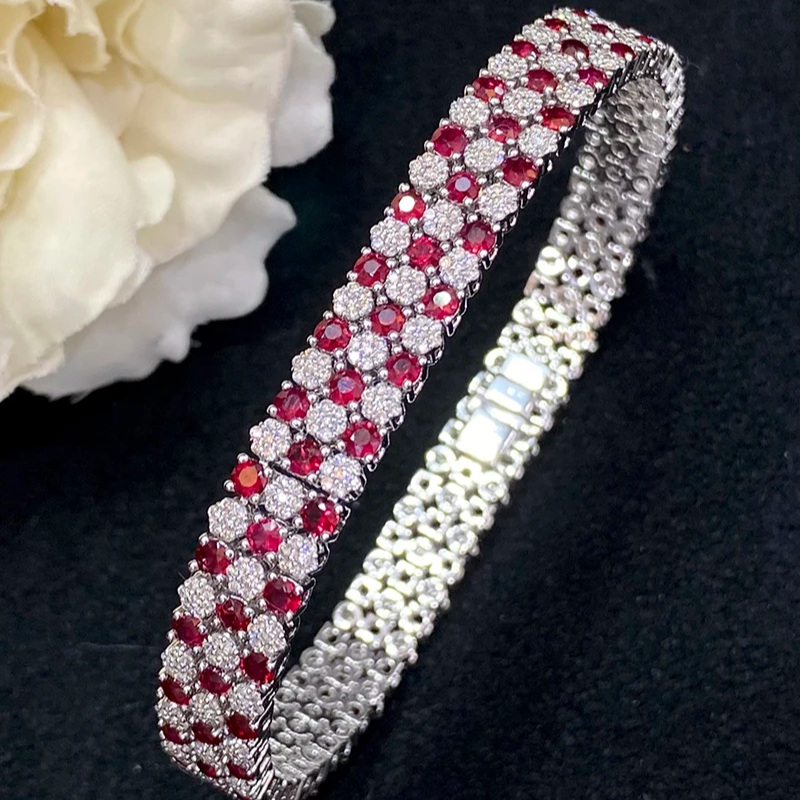 Luxury Honeycomb 18K White Gold Natural Diamond & Ruby Bracelet