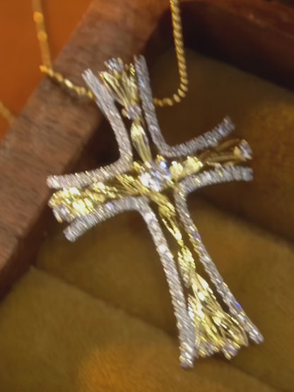 18K White/Yellow Gold Natural Diamond Cross Necklace